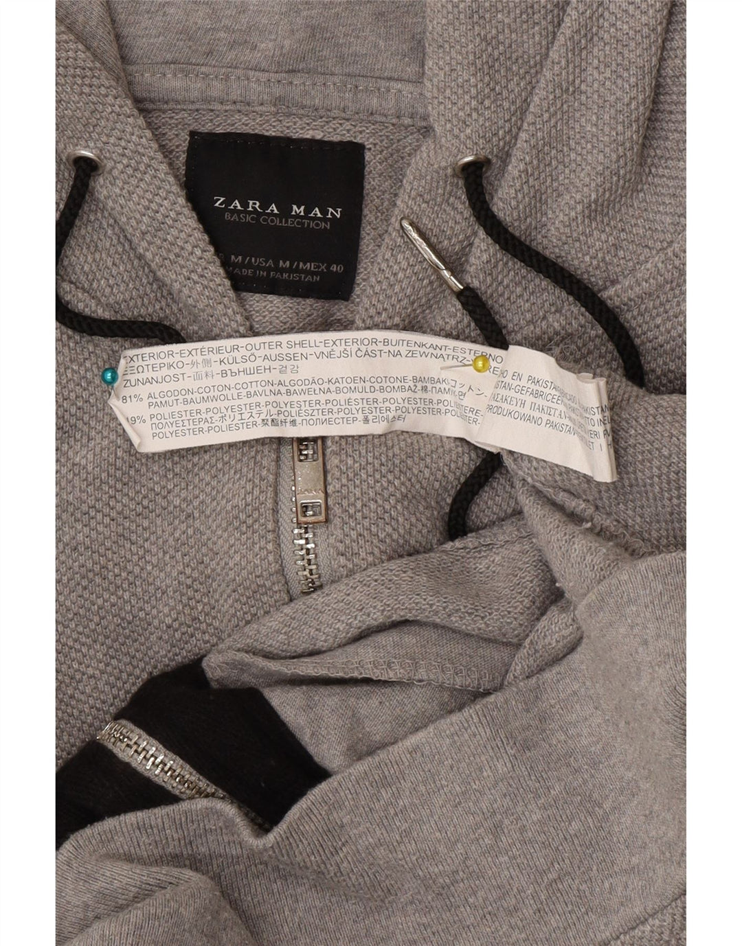 Zara Suéter masculino com capuz e zíper cinza médio algodão