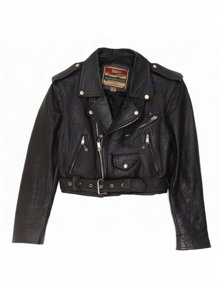 Jaqueta feminina de couro cropped Akaso Reino Unido 10 pequena preta