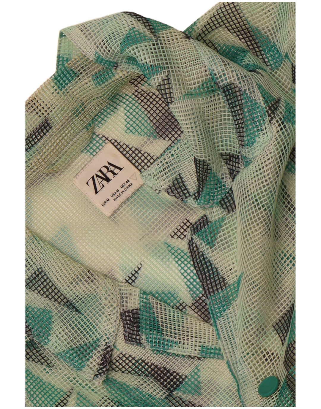 Zara Camisa masculina transparente de manga curta verde médio geométrica