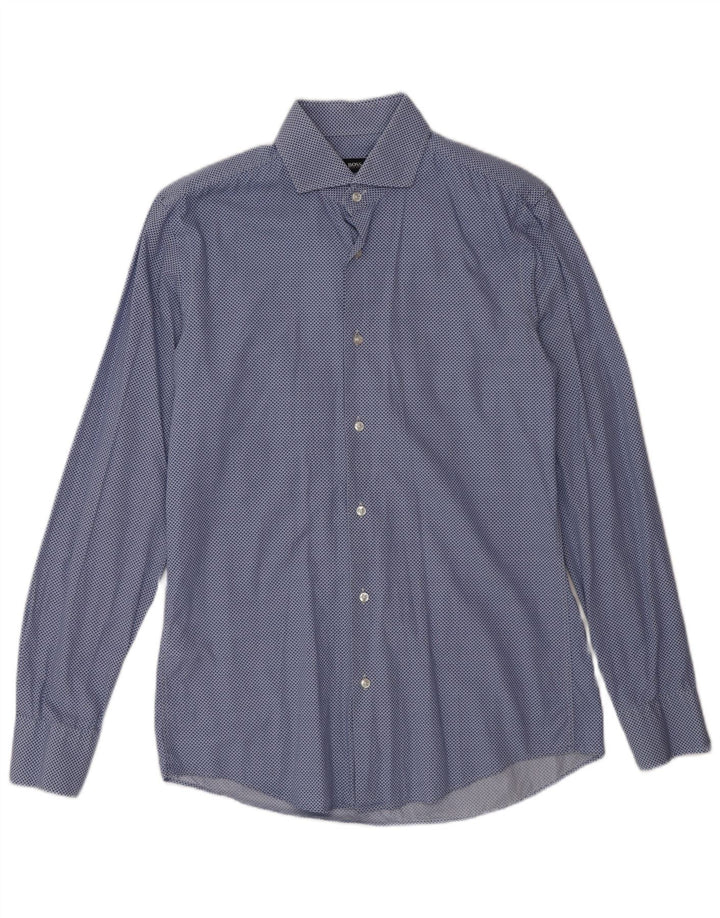 Camisa masculina Hugo Boss Slim Fit tamanho 38 15 algodão manchado azul médio