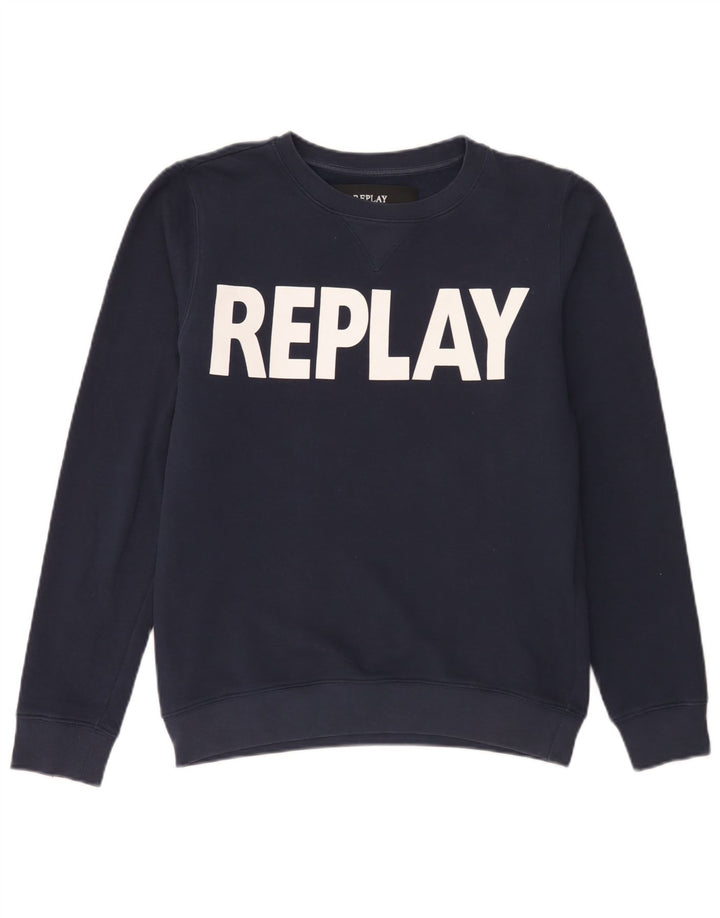 Replay moletom gráfico masculino jumper médio azul marinho algodão