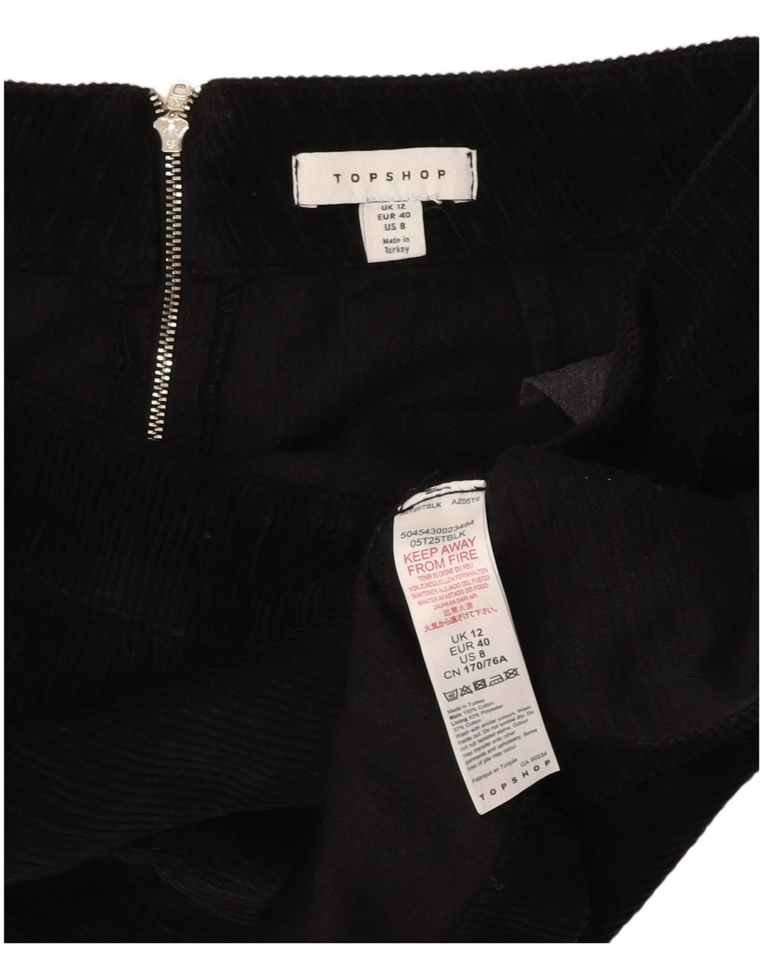 Minissaia feminina de veludo cotelê TOPSHOP Reino Unido 12 médio w28 algodão preto