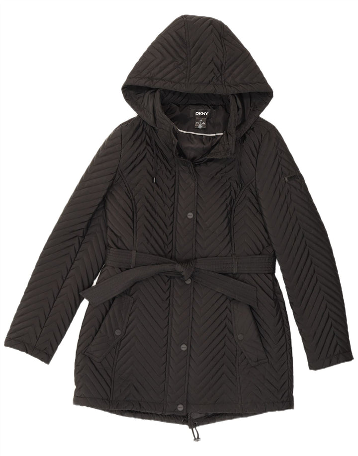 Casaco corta-vento feminino Dkny com capuz Reino Unido 12 médio preto Chevron