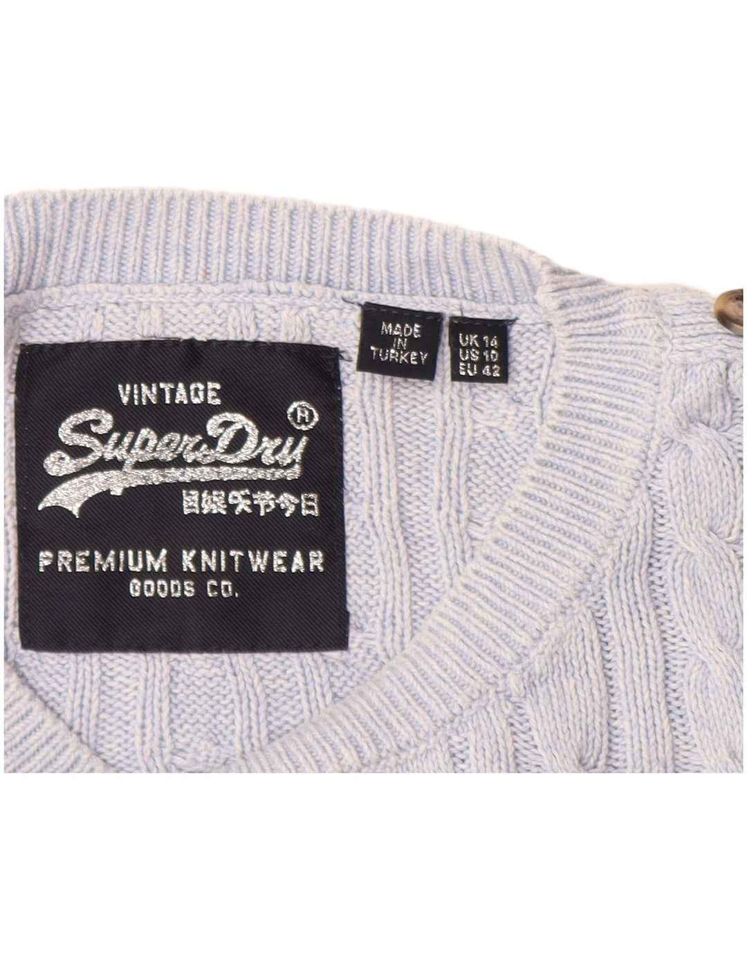 Suéter feminino SUPERDRY com gola canoa Reino Unido 14 grande algodão azul