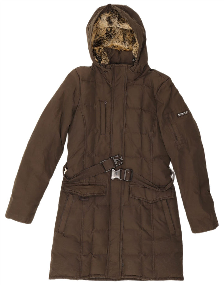 Casaco acolchoado com capuz feminino Woolrich Reino Unido 12 algodão cáqui médio