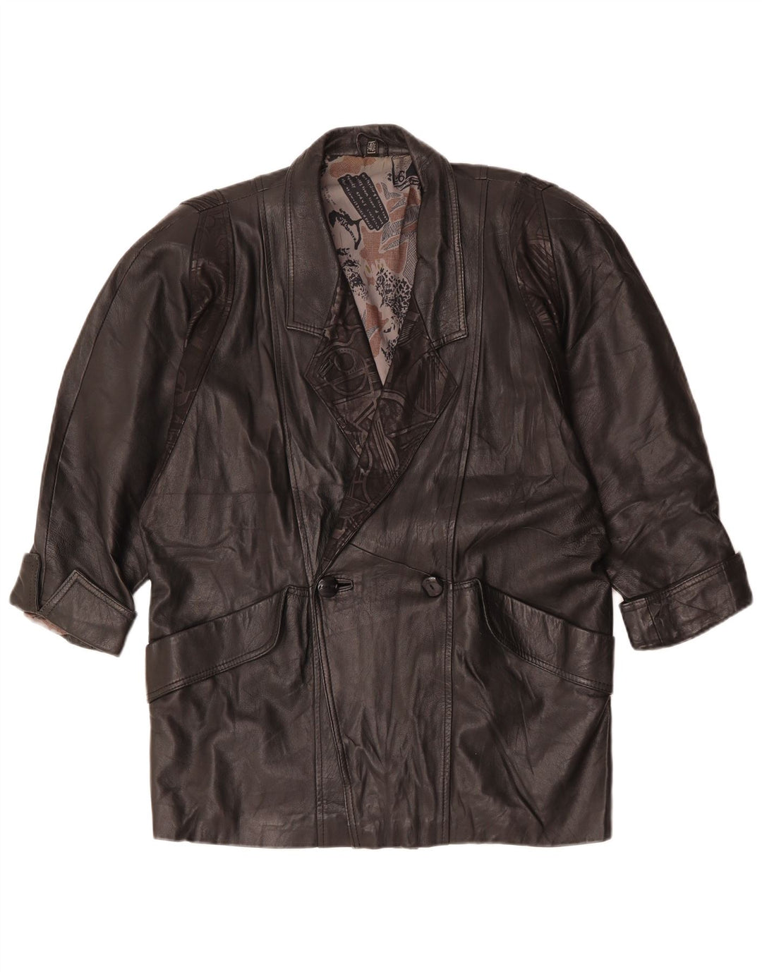 Jaqueta feminina vintage de couro com peito duplo grande UE 40 médio preto