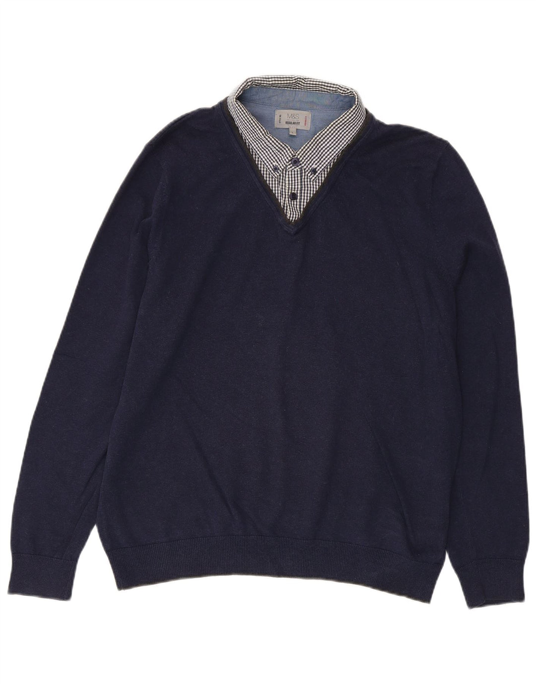 MARKS & SPENCER Suéter masculino com decote em V grande xadrez azul marinho