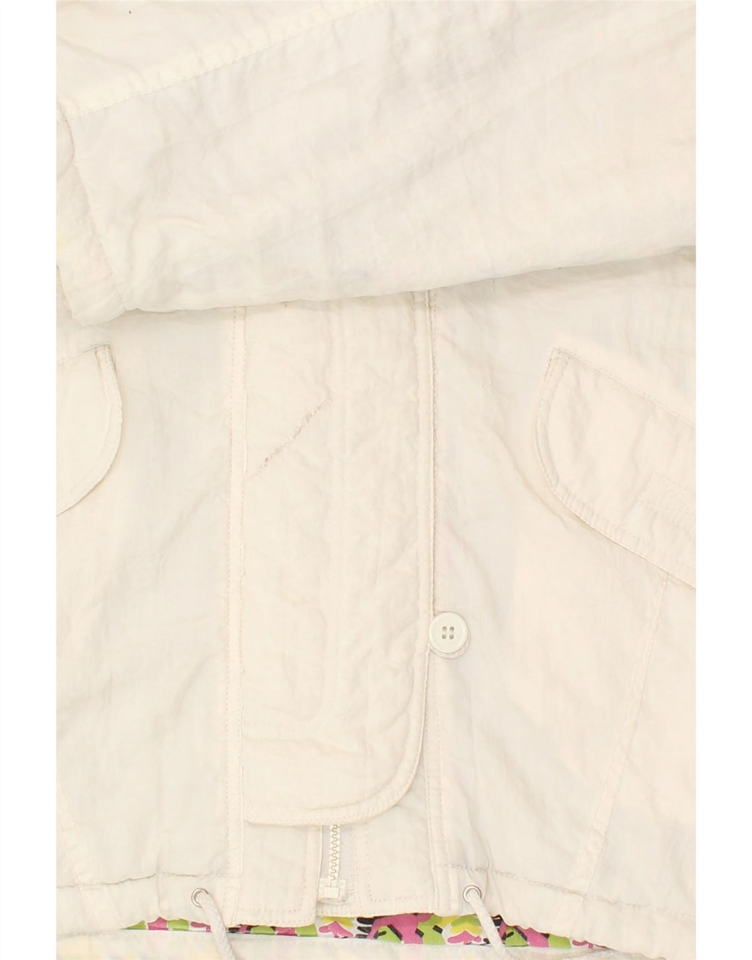 Jaqueta corta-vento feminina VINTAGE com capuz UK 14 poliamida branca média