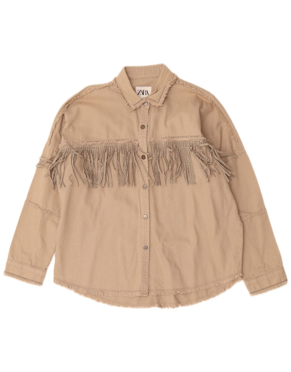 Camisa jeans oversized feminina Zara Reino Unido 6 XS algodão bege