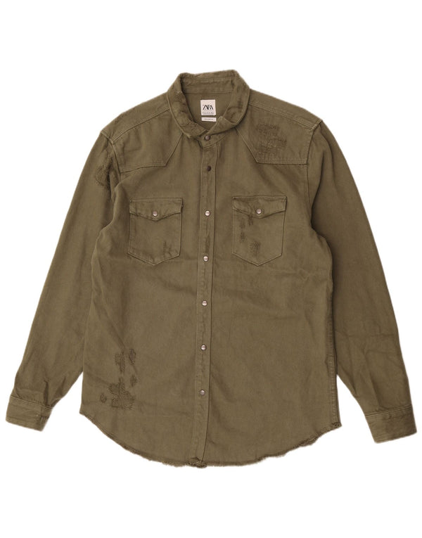 Zara Camisa jeans masculina desgastada e relaxada XL algodão cáqui