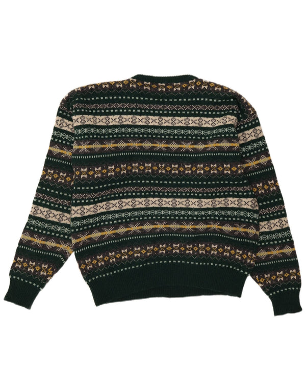 Suéter vintage masculino com gola redonda, lã virgem grande verde Fair Isle