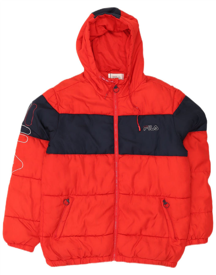 Jaqueta masculina acolchoada com capuz gráfico FILA UK 38 Medium Red Colourblock