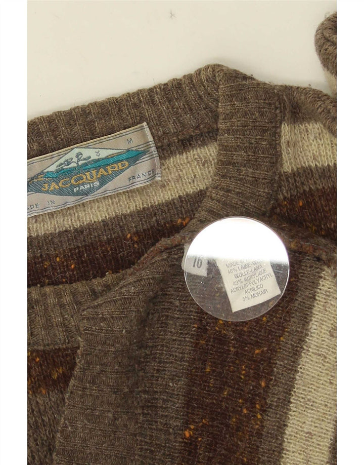 Suéter vintage masculino com gola redonda, lã listrada cáqui média
