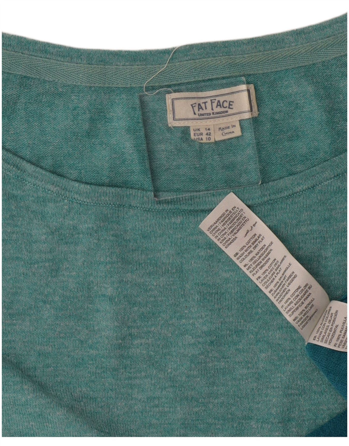 Top feminino Fat Face manga longa UK 14 grande algodão colorblock turquesa