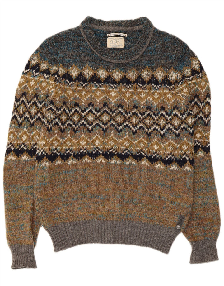 Suéter masculino Replay com gola redonda e lã pequena verde Fair Isle