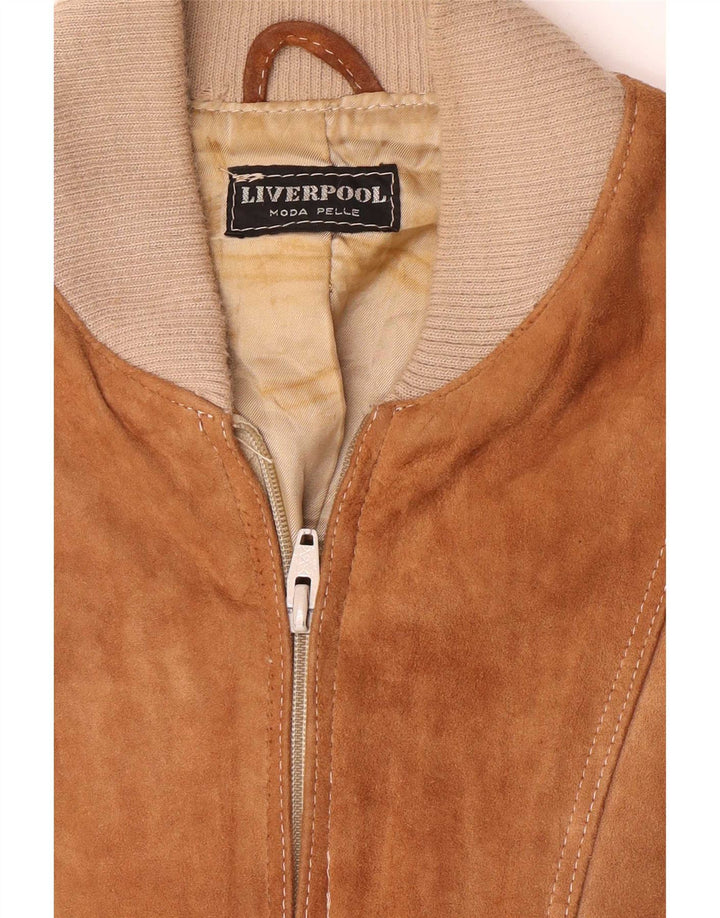 Jaqueta bomber masculina de camurça Liverpool Reino Unido 38 couro colorblock marrom médio