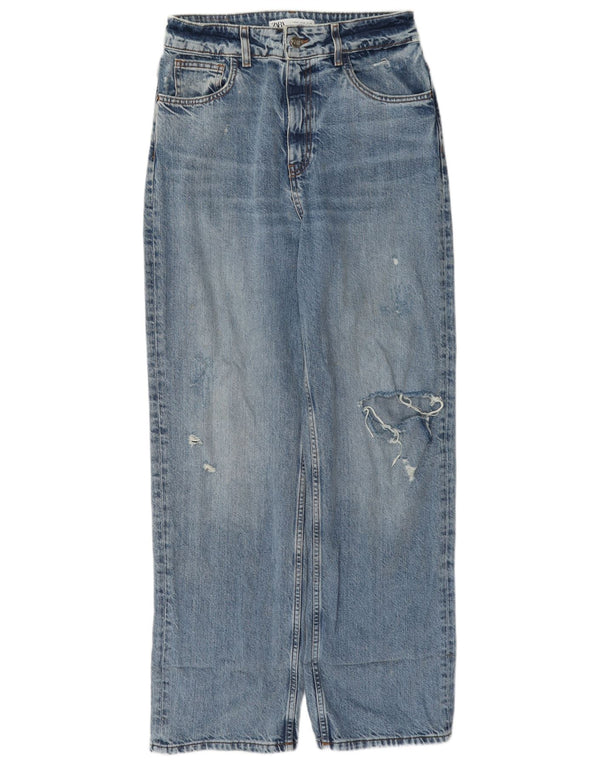 Zara Calça jeans feminina cintura alta desgastada reta UE 40 médio W30 L31 azul