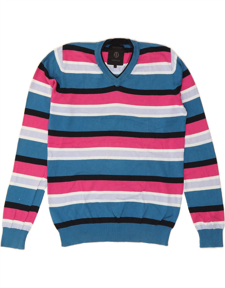 JACK & JONES Mens V-Neck Jumper Sweater Large Blue Striped Cotton Vintage Jack & Jones and Second-Hand Jack & Jones from Messina Hembry 