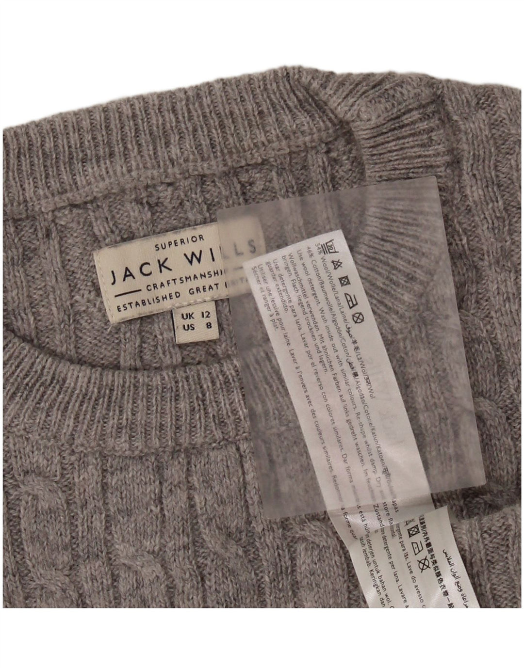 Suéter feminino JACK WILLS com gola redonda e gola redonda Reino Unido 12 lã cinza médio