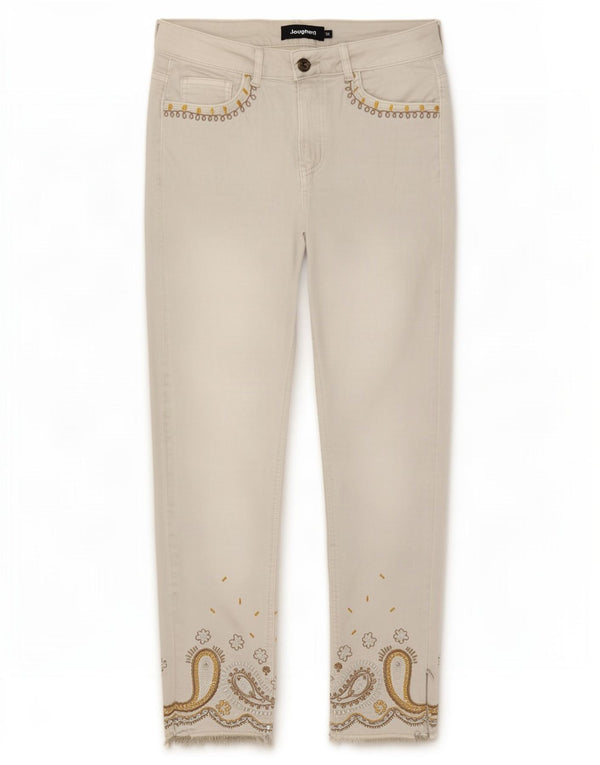 Jeans retos femininos Desigual EU 38 médio W30 L28 algodão paisley bege