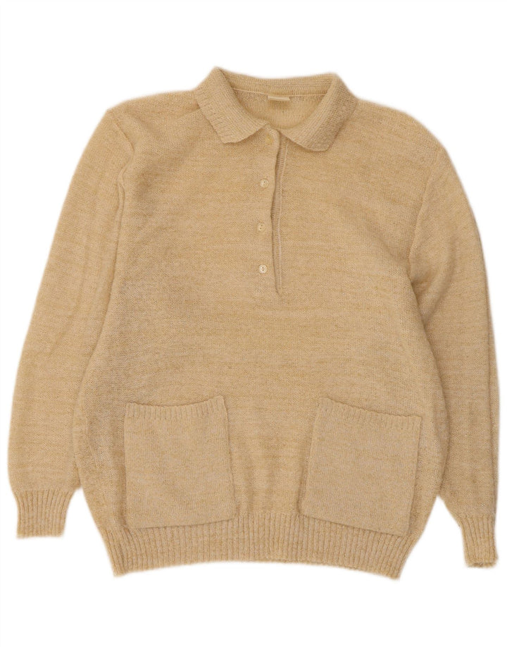 Suéter feminino vintage com gola polo superdimensionada UE 40 médio bege