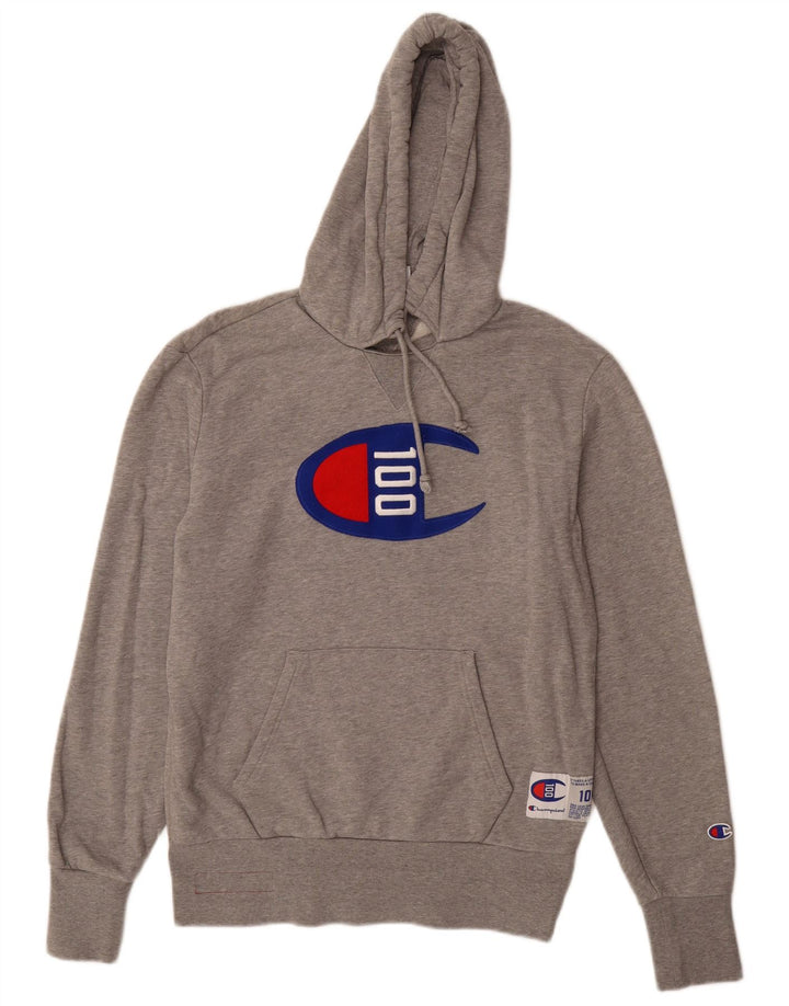 CHAMPION Suéter masculino com capuz gráfico cinza médio algodão