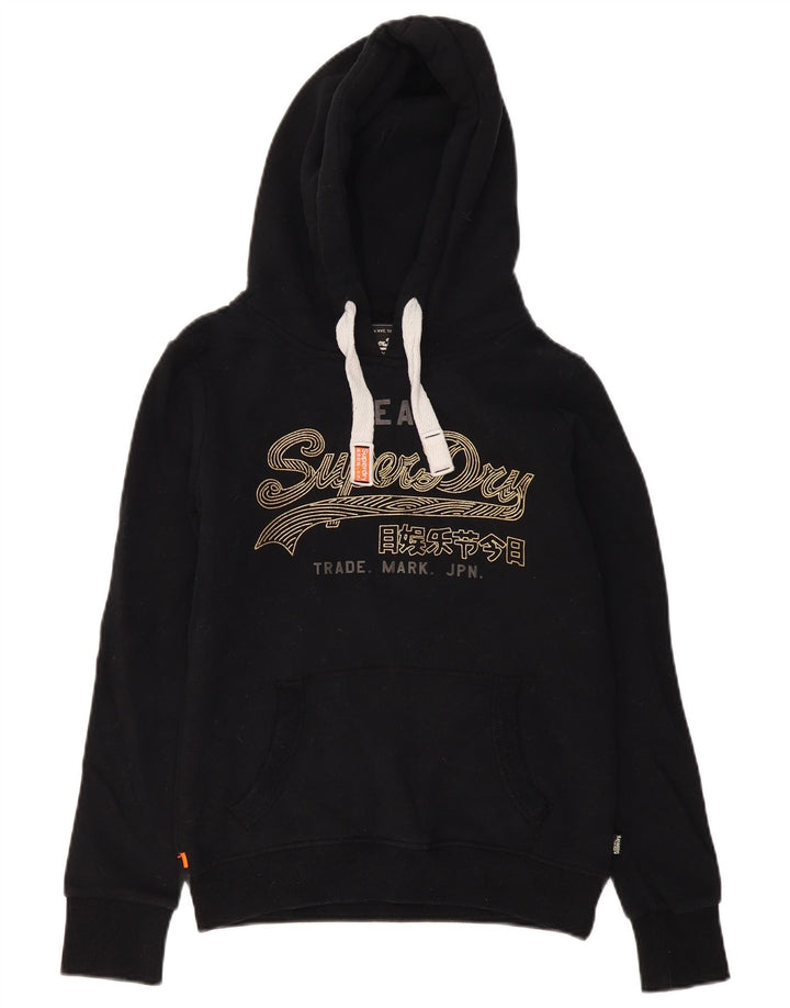 Superdry feminino gráfico moletom com capuz UK 12 médio algodão preto