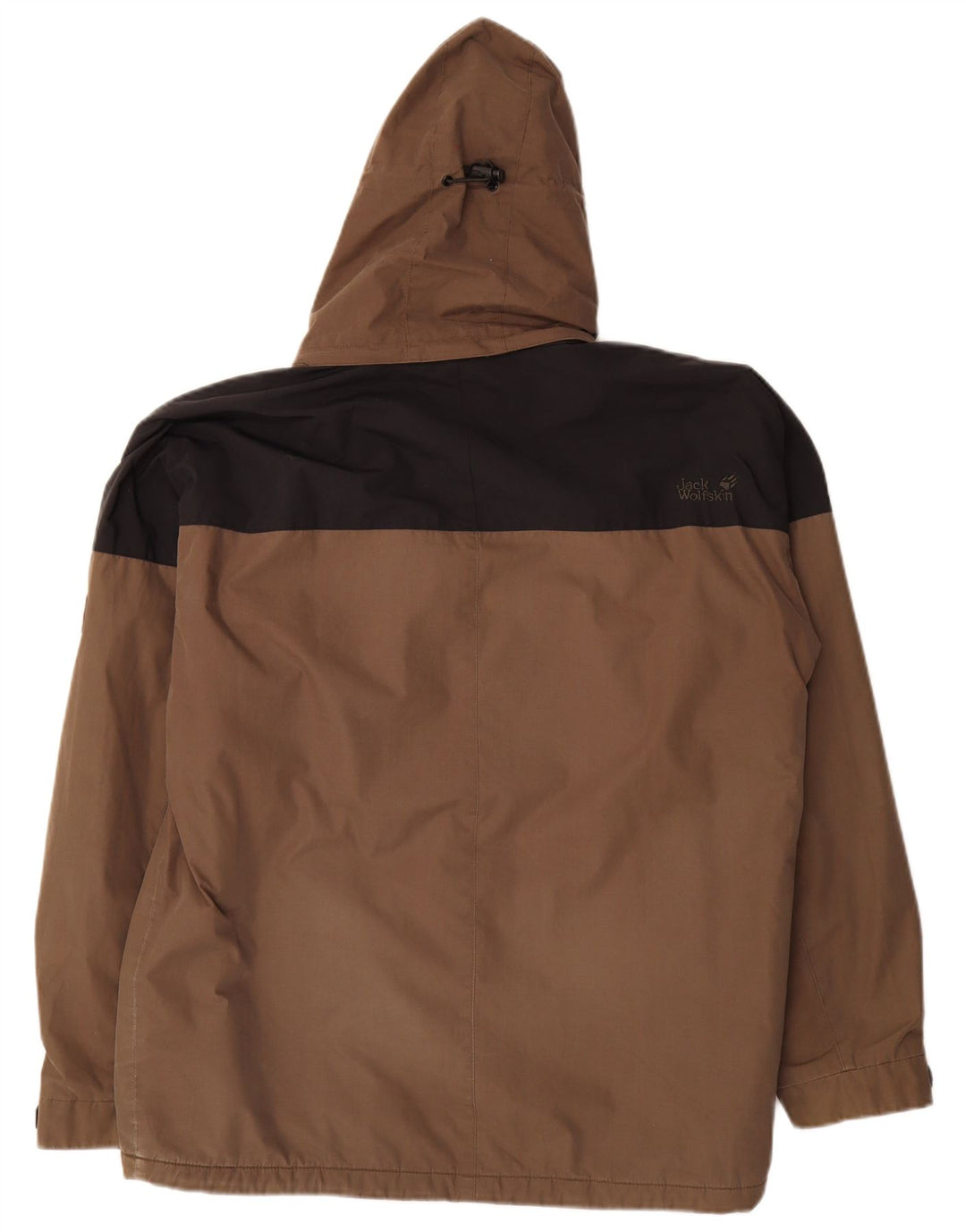 Jaqueta corta-vento masculina Jack Wolfskin com capuz Reino Unido 38 bloco colorido marrom médio