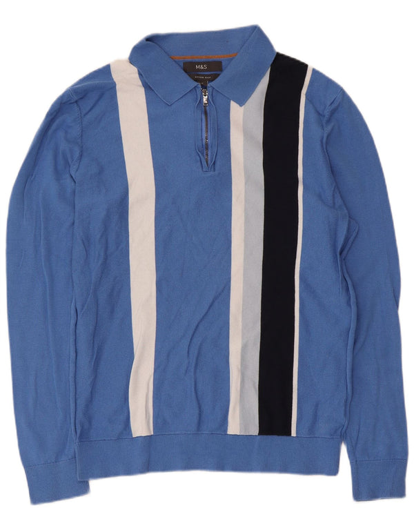 Suéter masculino Marks & Spencer com gola polo e algodão listrado azul médio