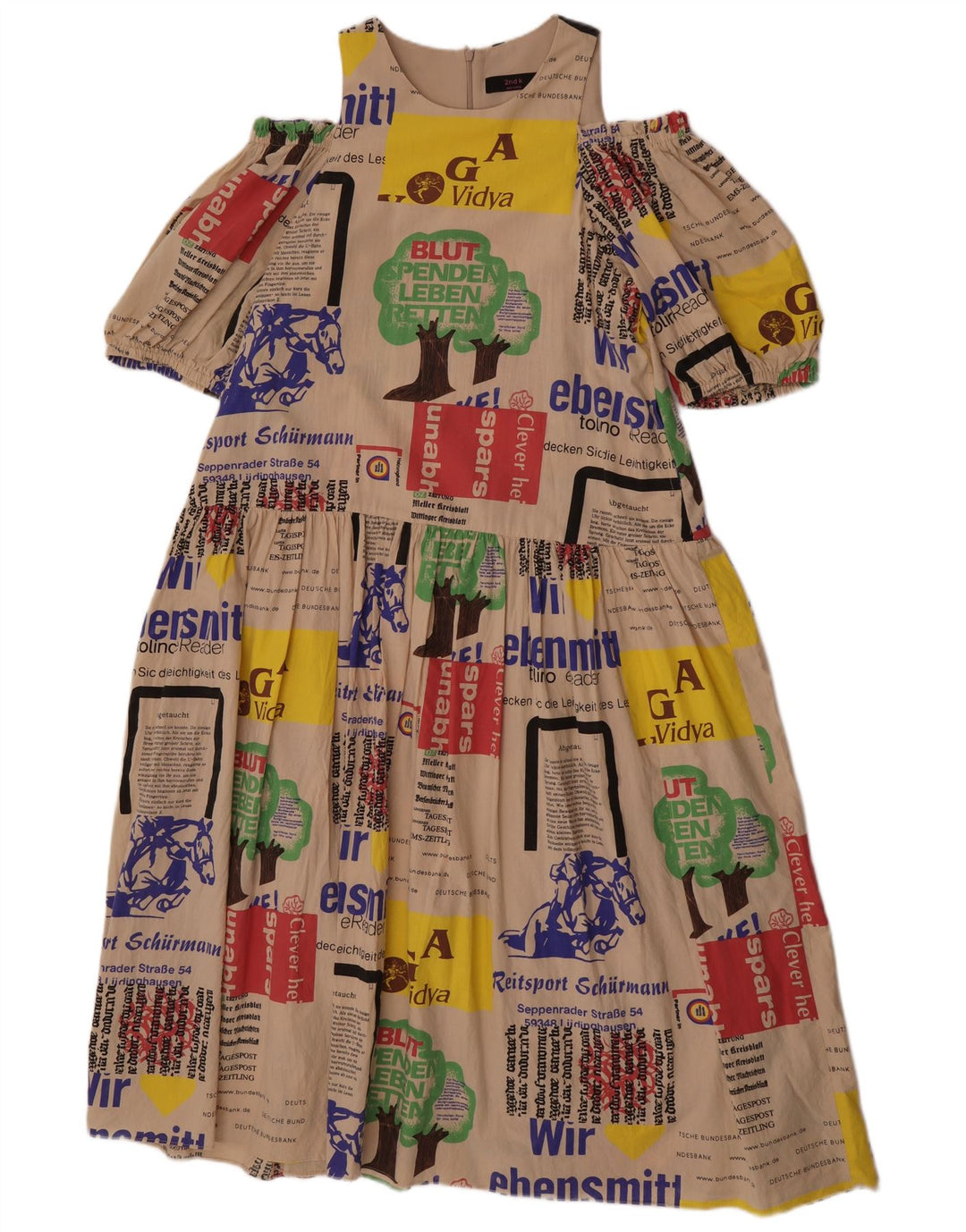 Vestido vintage feminino estampado com ombro de fora Reino Unido 14 médio bege