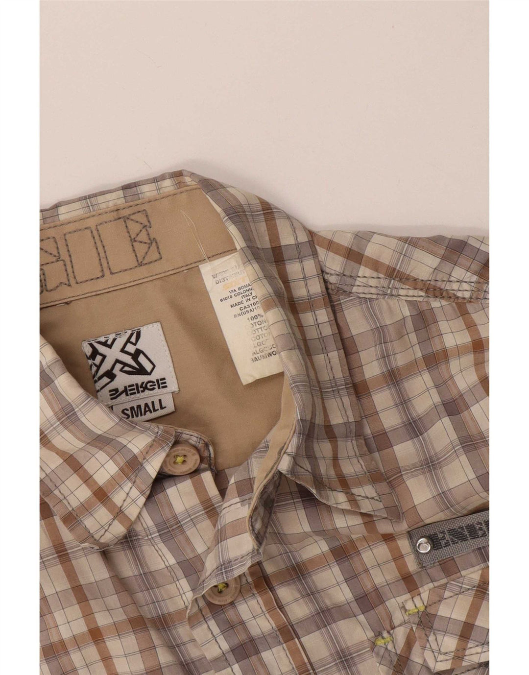 Camisa masculina Energie de manga curta pequena algodão xadrez bege