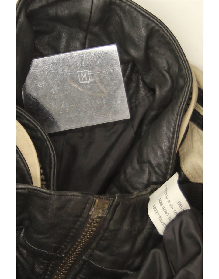 Jaqueta de couro masculina vintage UK 38 pele de cordeiro colorblock preta média