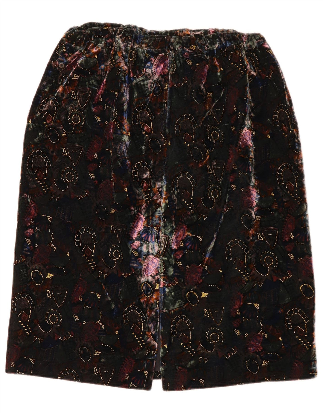 Saia reta de veludo com padrão abstrato feminino vintage W28 preto médio