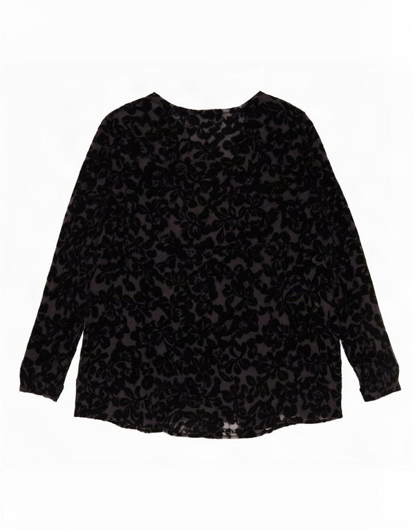 Blusa feminina Laura Ashley transparente Reino Unido 16 grande preta floral