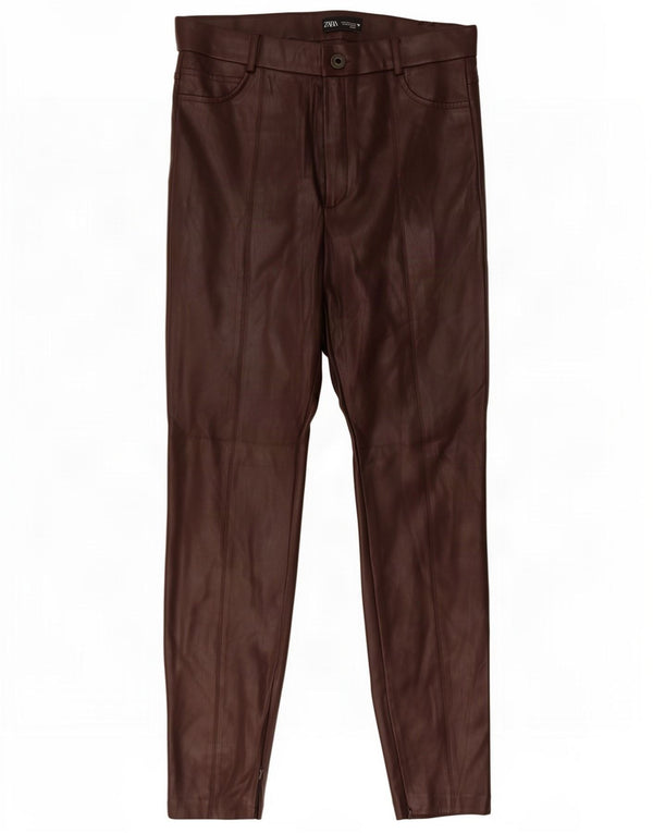 Zara Calça feminina slim de couro sintético grande W30 L29 marrom polietileno