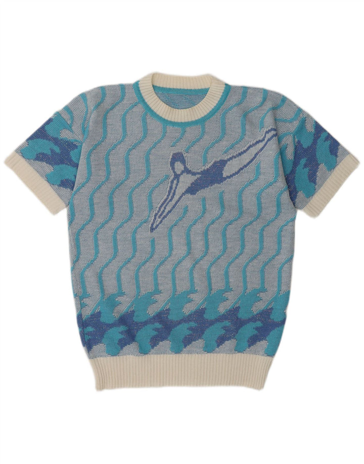 Suéter feminino vintage com gola redonda e gola redonda UK 14 azul médio