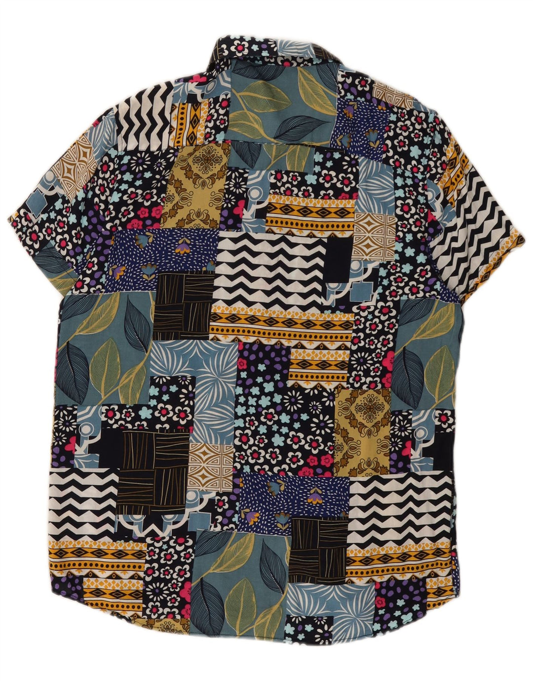 Camisa masculina vintage de manga curta com retalhos multicoloridos médios