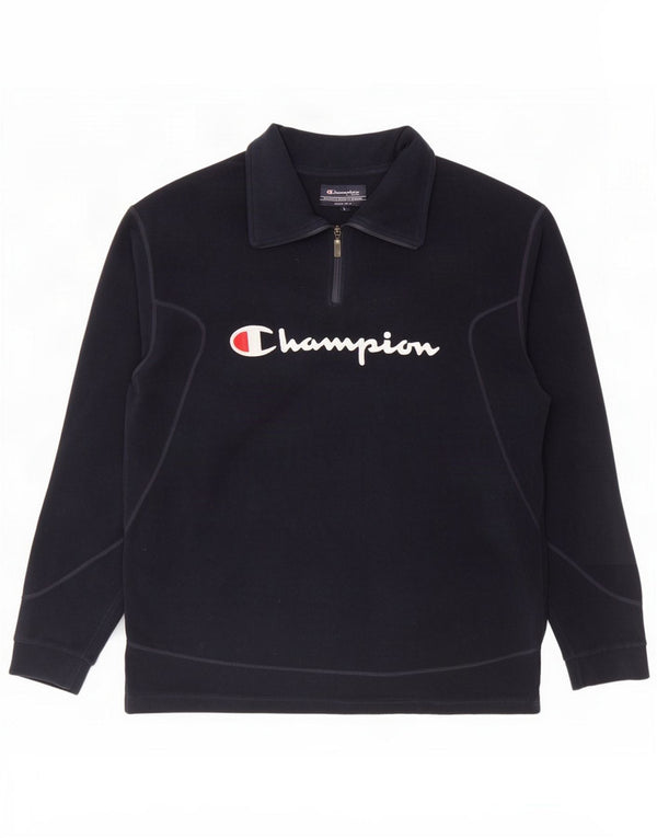 Jumper de lã masculino com zíper e gola grande poliéster azul marinho