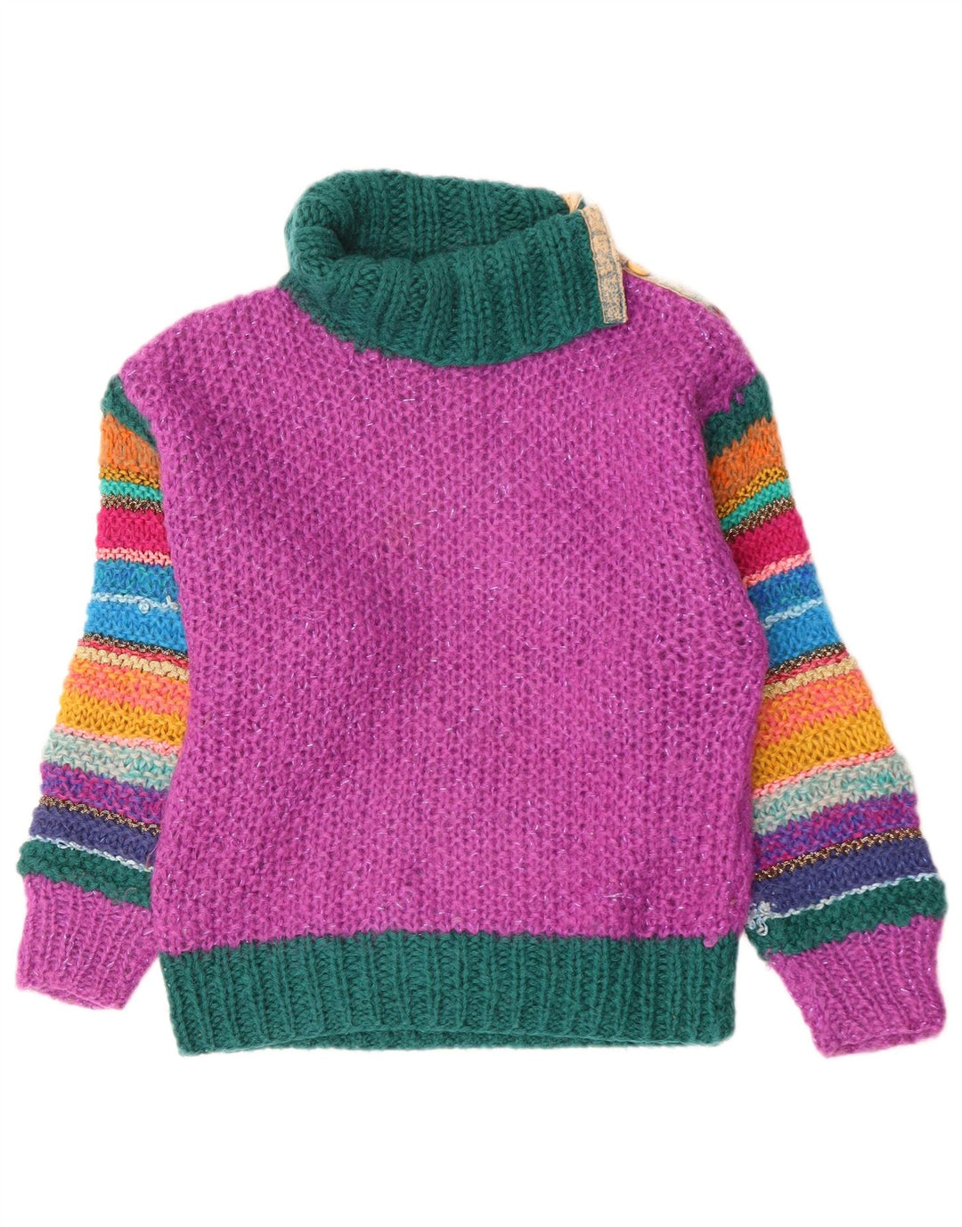 Suéter feminino vintage com gola redonda Reino Unido 12 bloco colorido rosa médio