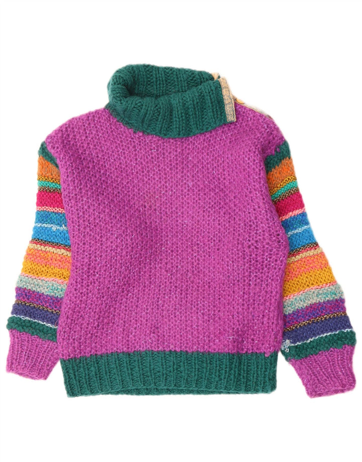 Suéter feminino vintage com gola redonda Reino Unido 12 bloco colorido rosa médio