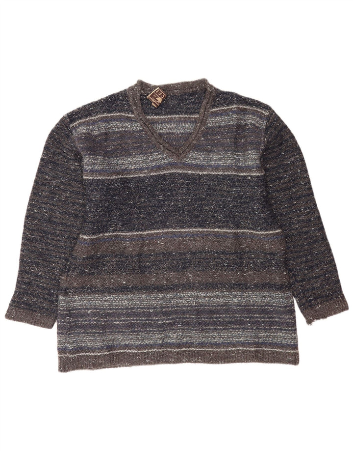 Suéter masculino vintage com decote em V listrado cinza médio