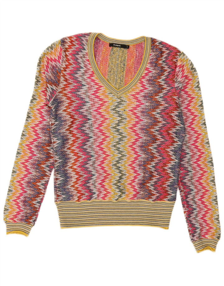 DESIGUAL Suéter feminino com decote em V UK 10 pequeno Chevron multicolorido