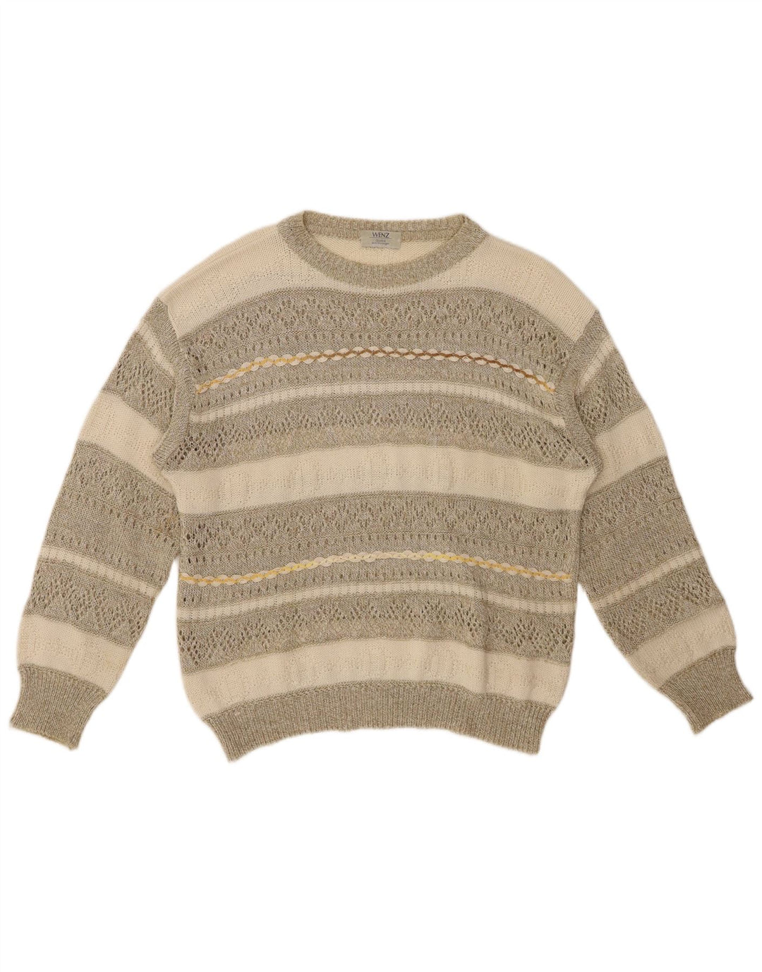 Suéter feminino VINTAGE com gola canoa Reino Unido 14 grande algodão listrado bege