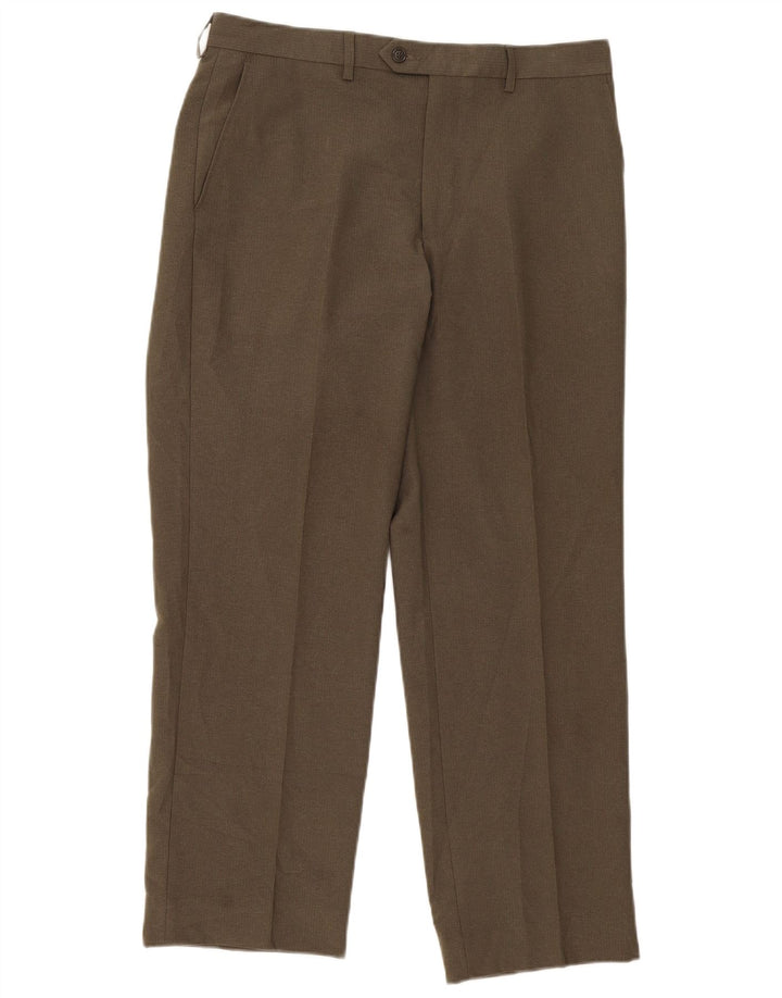 Calça masculina de terno reto Marks & Spencer W34 L31 poliéster cáqui
