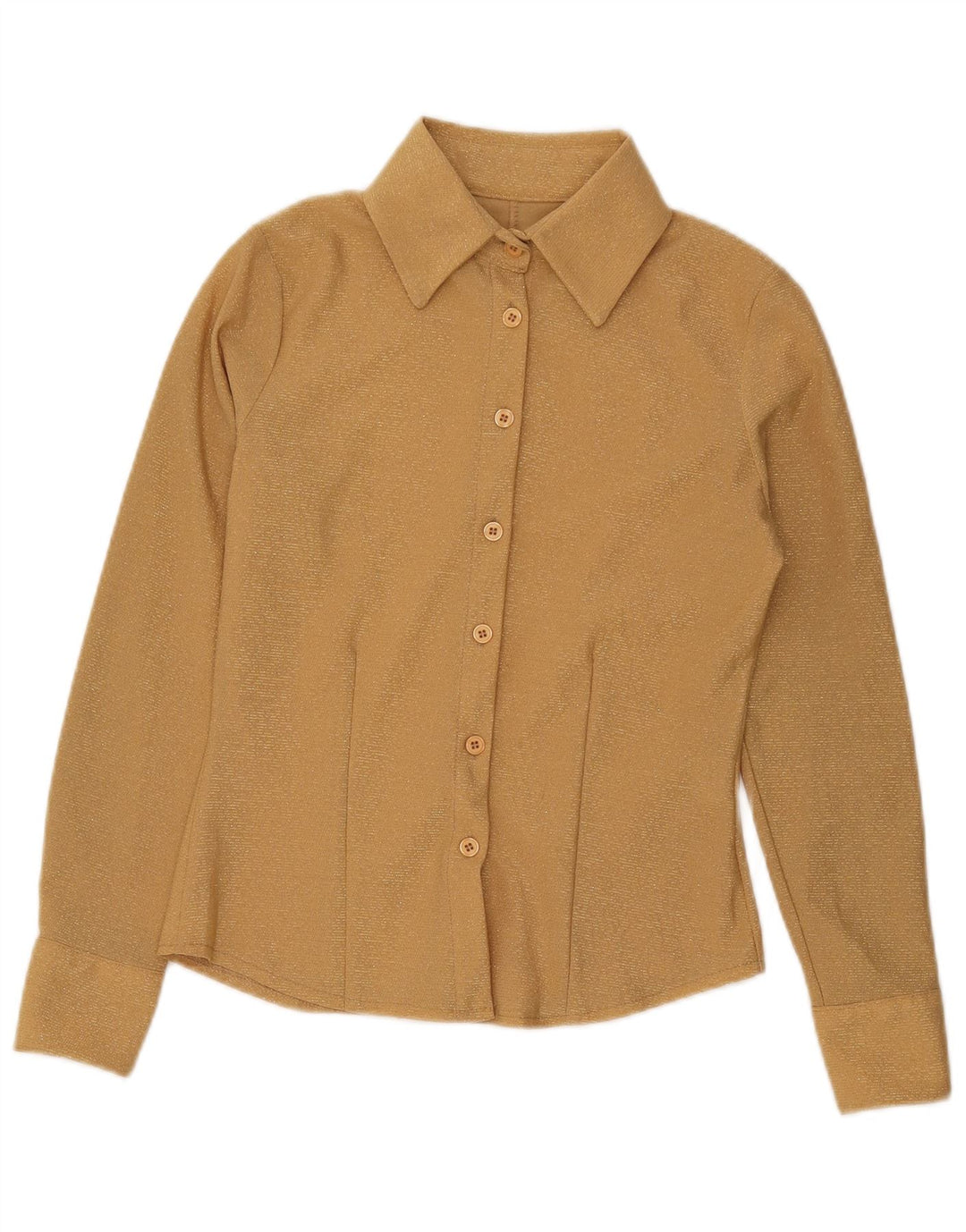 Camisa feminina vintage UK 10 pequena dourada poliéster