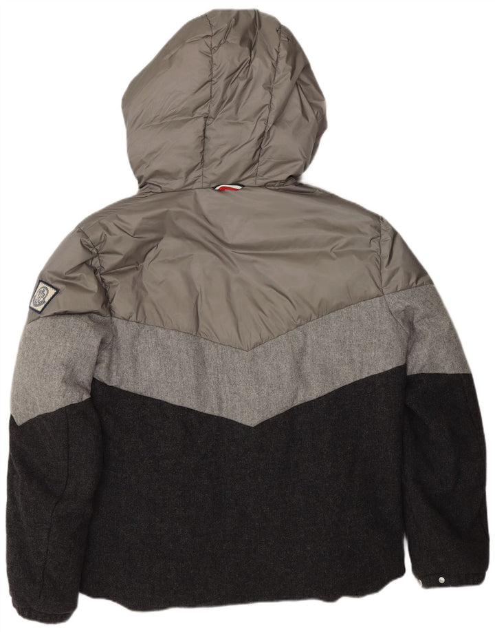Moncler Jaqueta masculina acolchoada com capuz tamanho 3 grande cinza Colourblock Designer