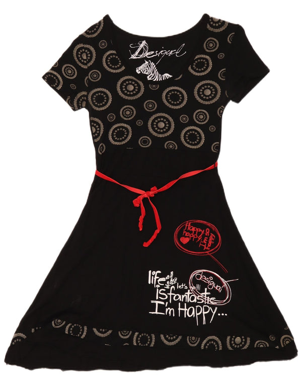 Desigual Vestido feminino gráfico linha A UK 12 médio preto geométrico
