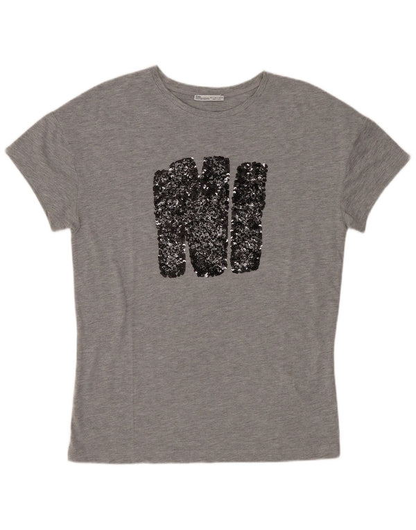 Camiseta feminina gráfica Zara Top UK 10 poliéster manchado cinza pequeno