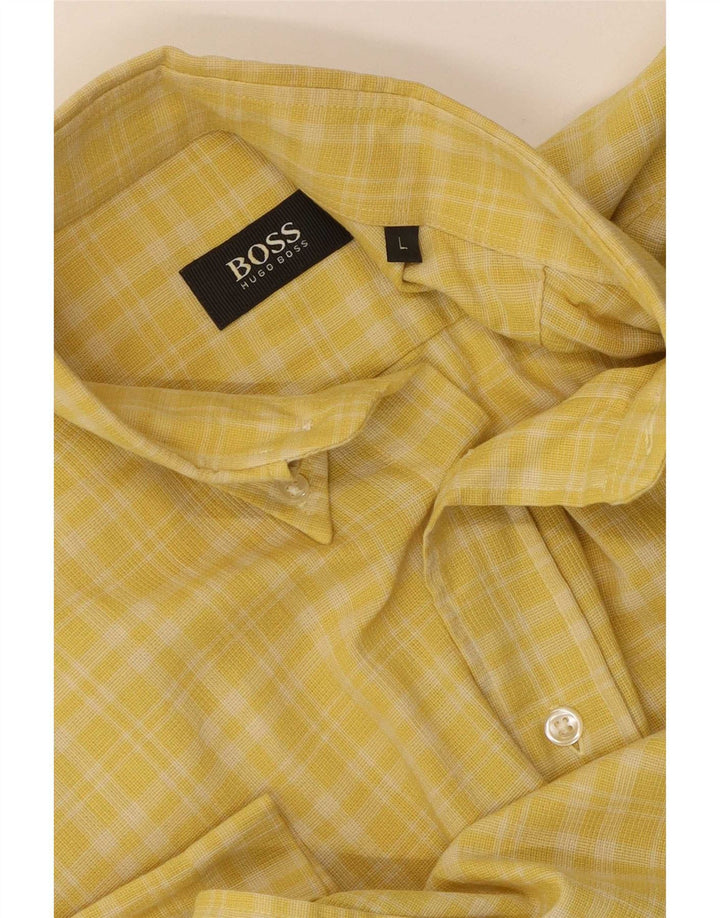 Camisa masculina de manga curta Hugo Boss grande algodão xadrez amarelo