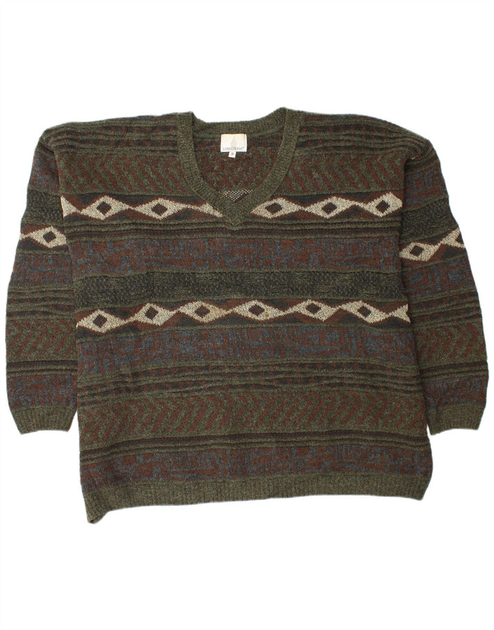 LONDON FOG Mens V-Neck Jumper Sweater 3XL Khaki Fair Isle